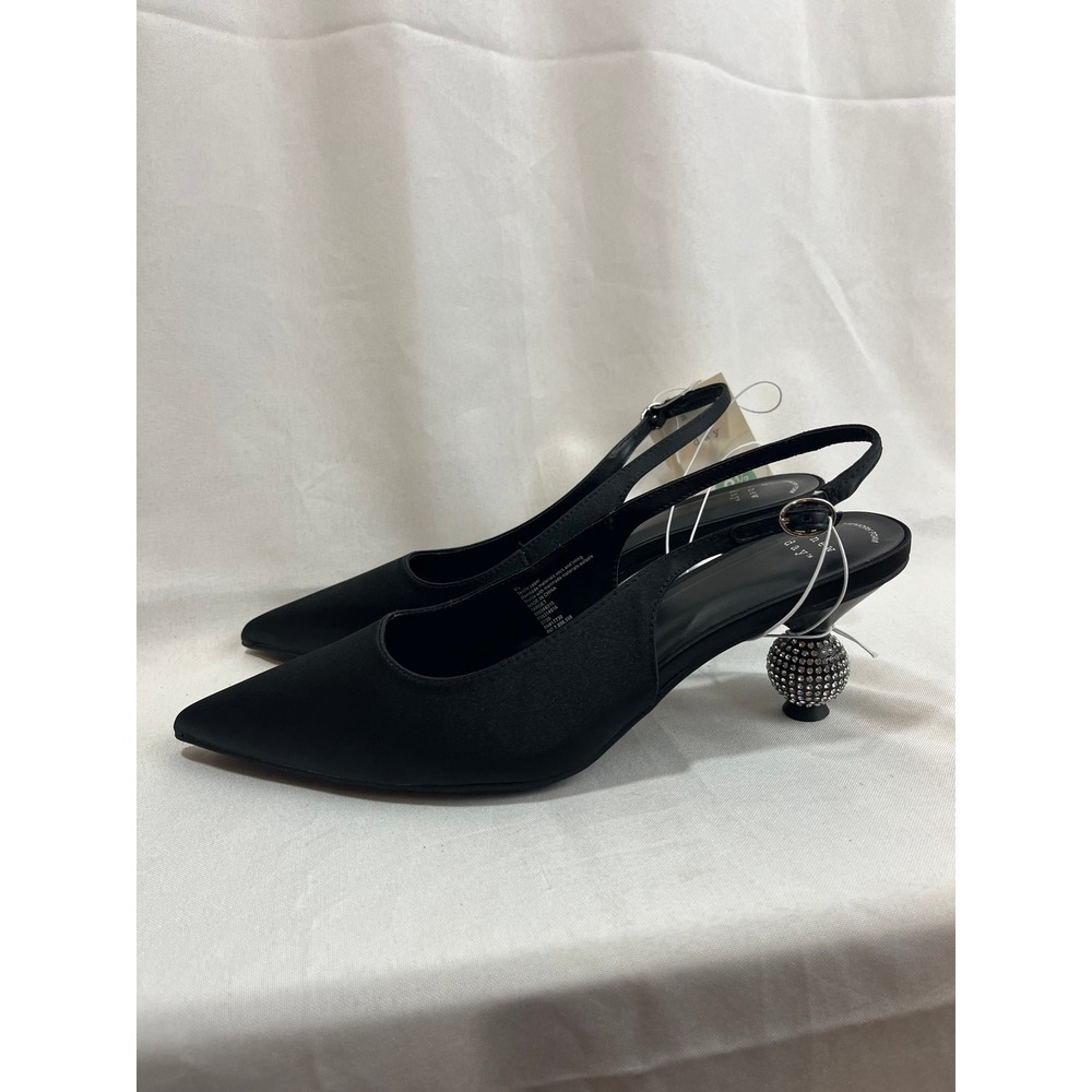 A New Day Womens Black Satin Slingback Pumps Rhinestone Sphere Heel Size 8.5
